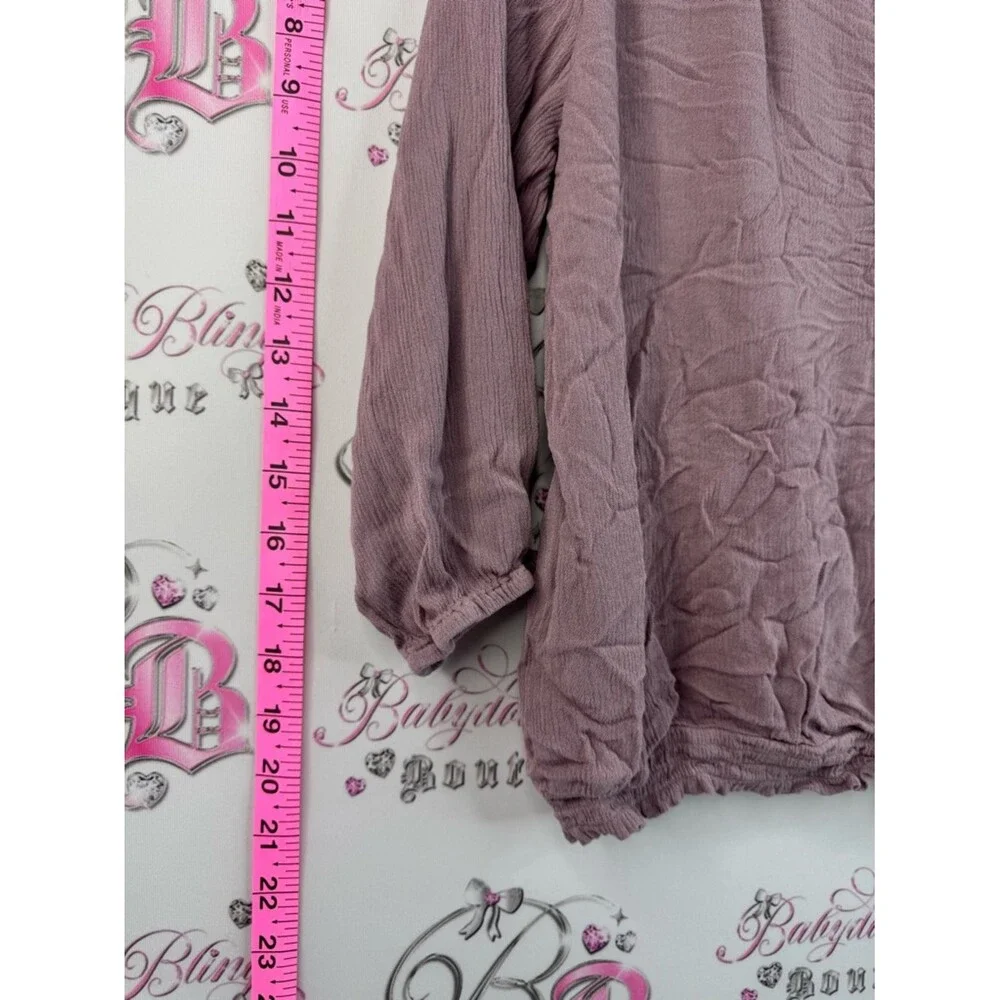 Reitmans long sleeve smocked flowy purple pink Mauve Button-Front Gauze Blouse - Picture 3 of 10